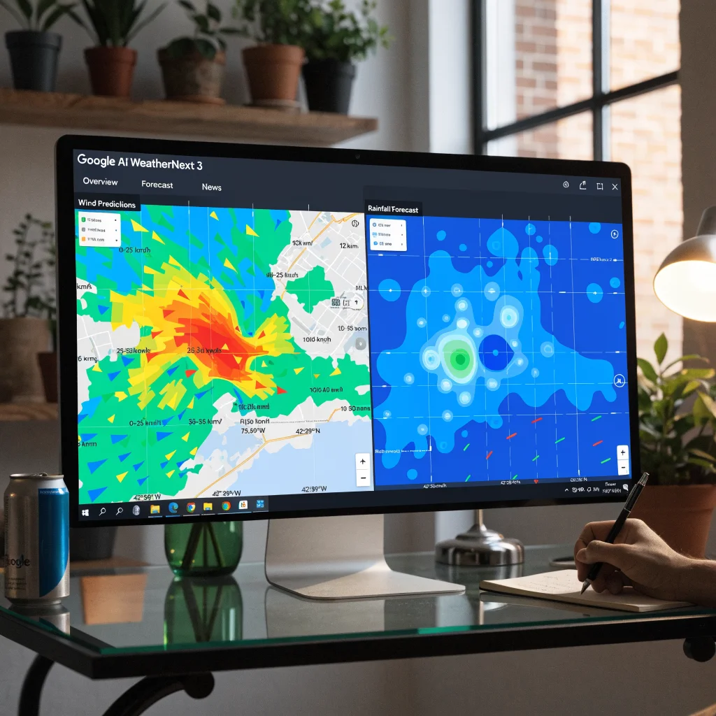 A realistic photo of a computer screen displaying Google AI WeatherNext 3 satellite data with high-resolution weather forecasts and wind predictions integrated into Google Maps.