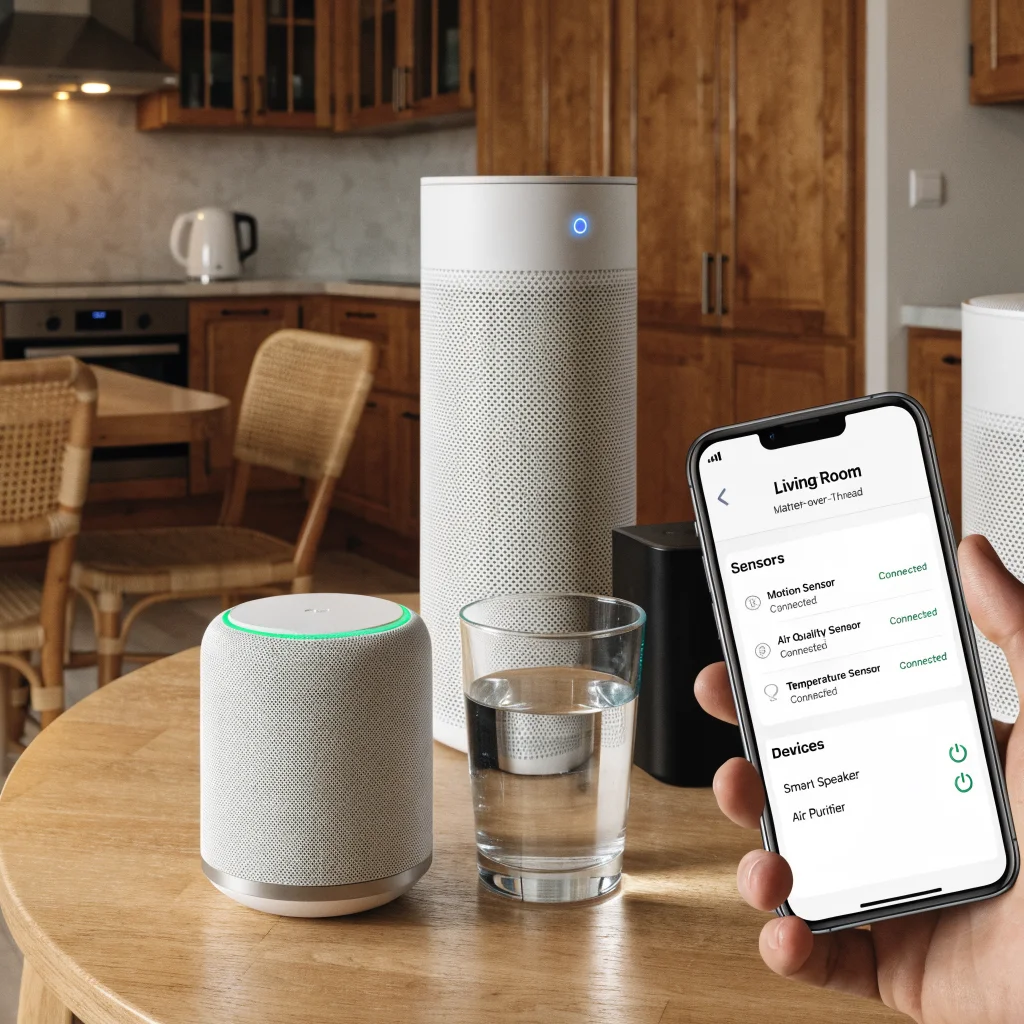 A realistic photo of Ikea smart home devices with Apple Home interface on a smartphone showing Matter-over-Thread connectivity status and smart sensor controls.