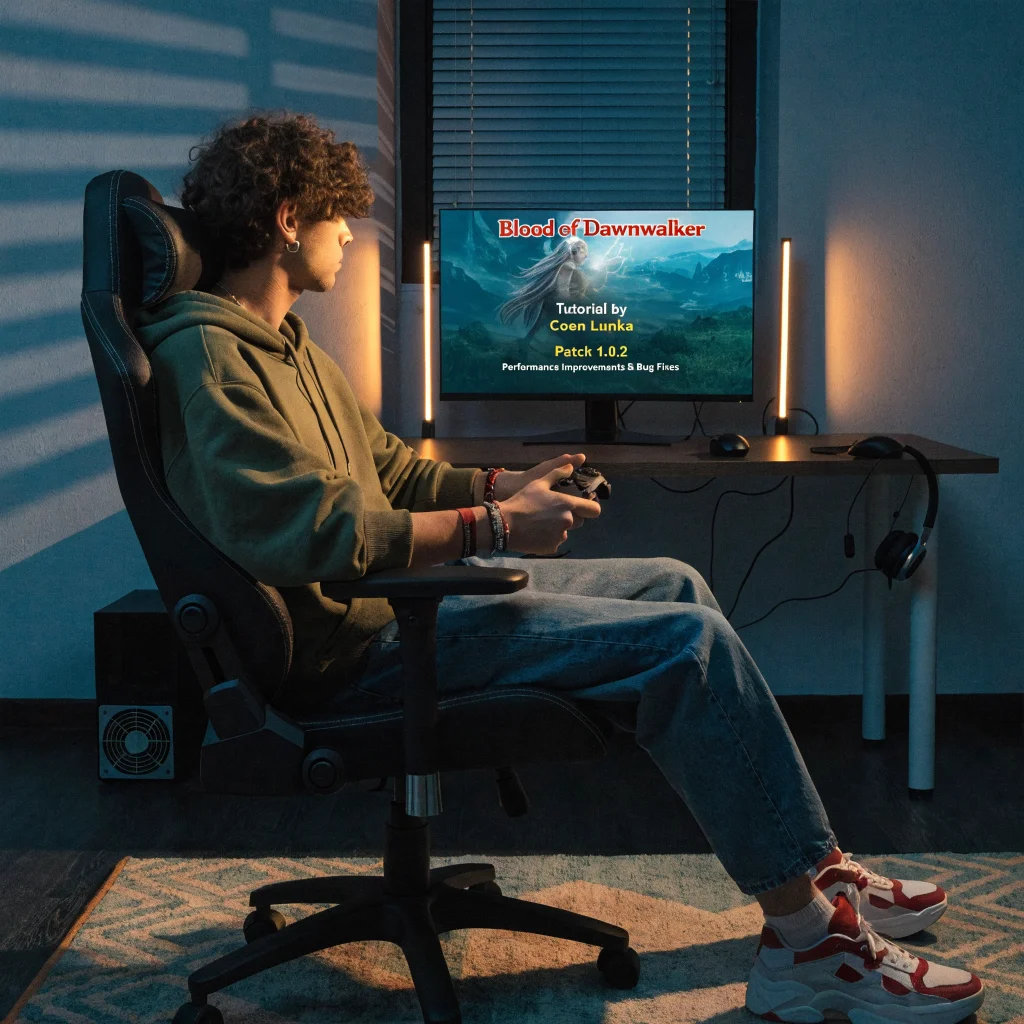 A PC gamer using a controller follows the Blood of Dawnwalker tutorial by Coen Lunka, showing patch 1.0.2 performance improvements and bug fixes.