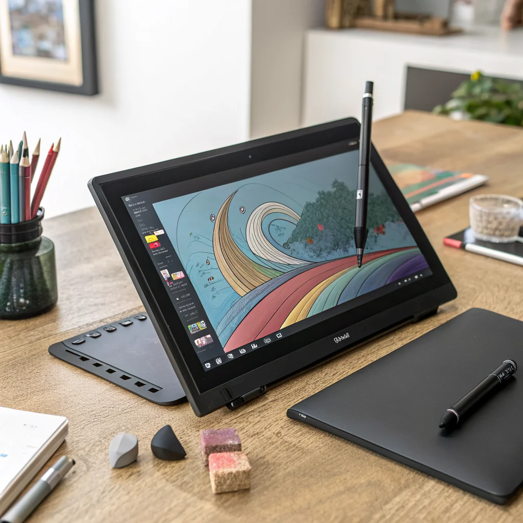 A realistic photo of the XPPen Magic Pro 13 portable drawing tablet with a 3K 120Hz screen, showing its sleek design and stylus in use at a creative workspace.