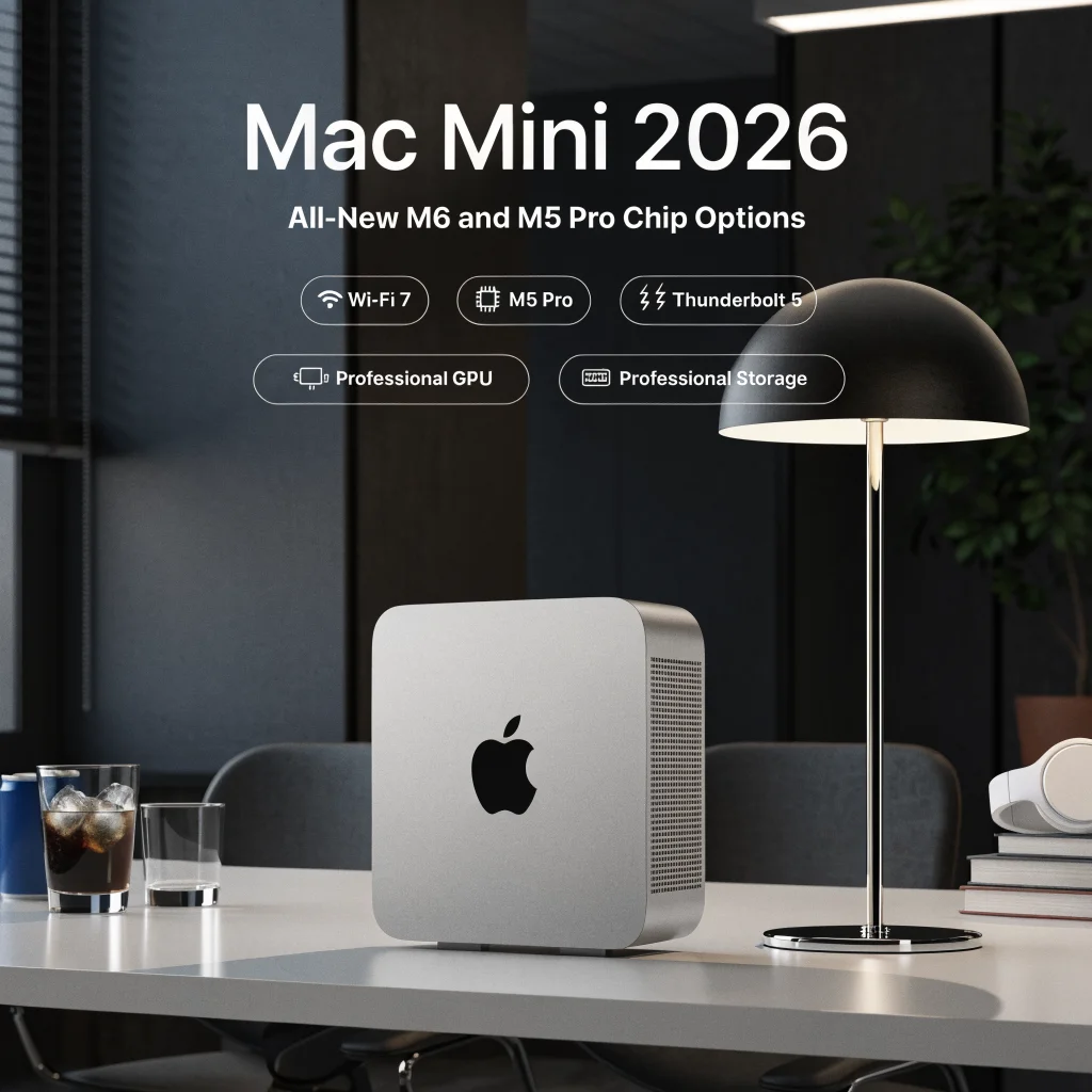 A sleek Apple Mac Mini 2026 model showcasing advanced M6 and M5 Pro chips, Wi-Fi 7, Thunderbolt 5 ports, and professional-grade features on a modern desk.