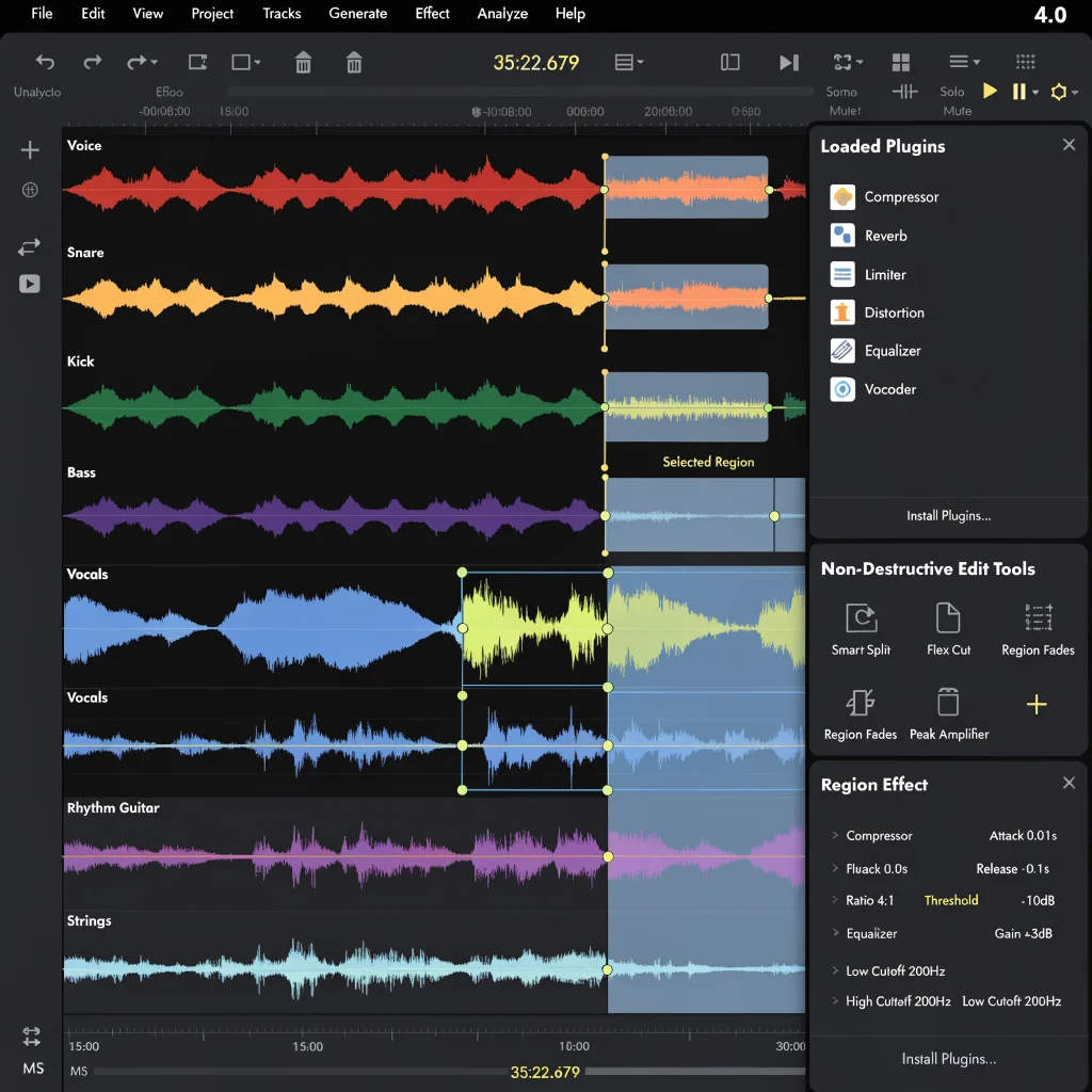 A screenshot of Audacity 4.0 in dark mode showing new non-destructive audio editing tools and plugin support in a detailed audio waveform interface.