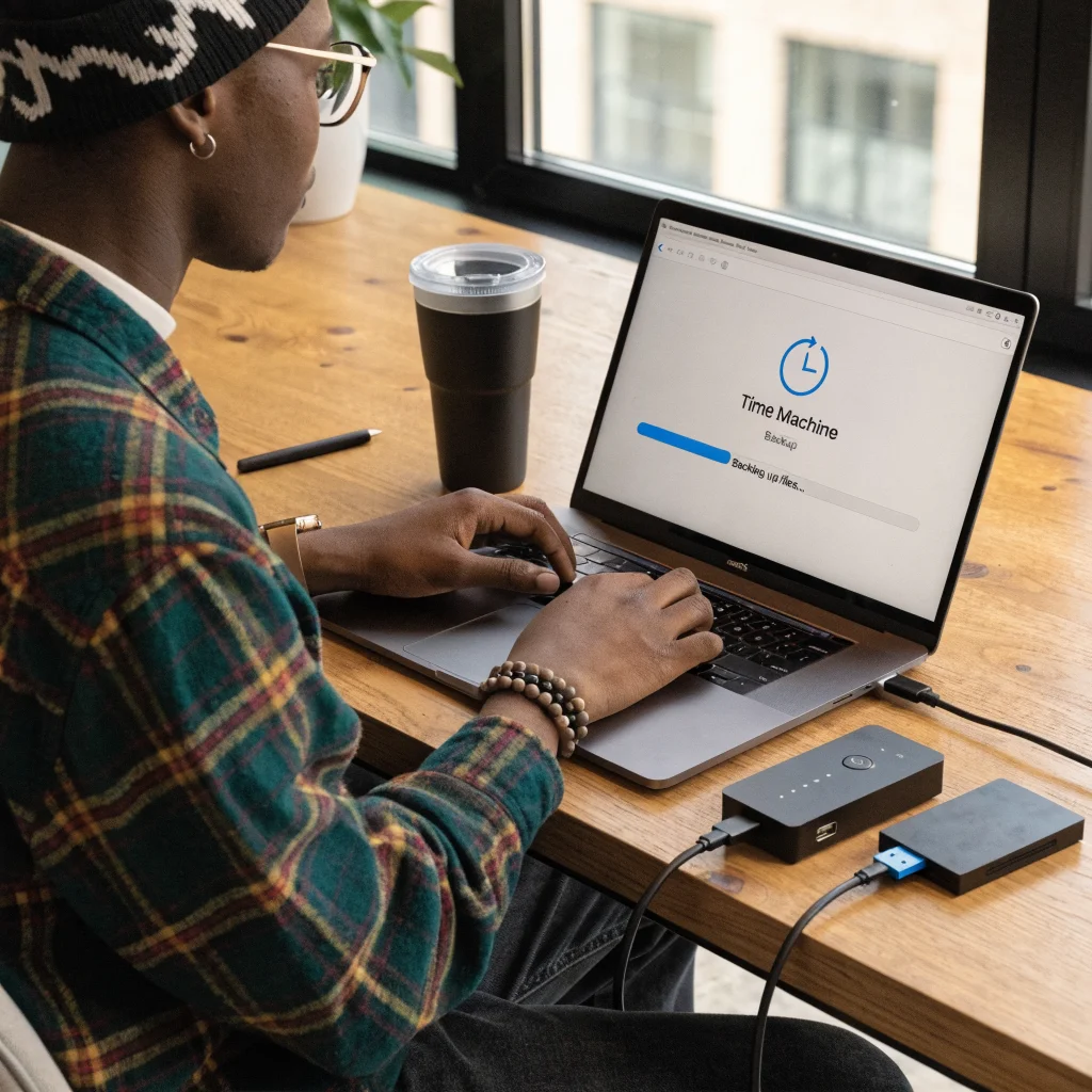 A user creating a macOS backup on a MacBook Pro using external storage to securely protect data and prevent loss.