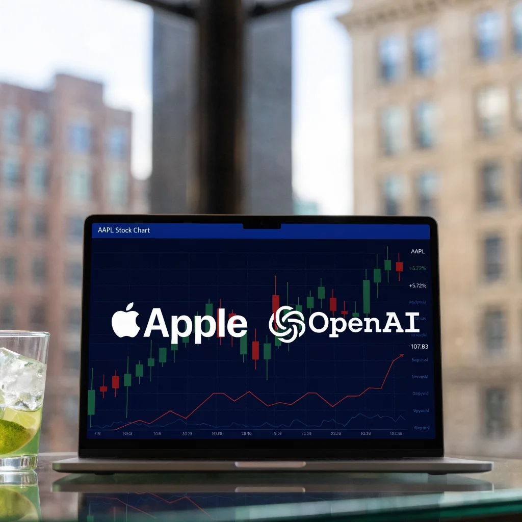 A close-up photo of Apple and OpenAI logos on a laptop screen with stock market charts showing AAPL shares in the background.