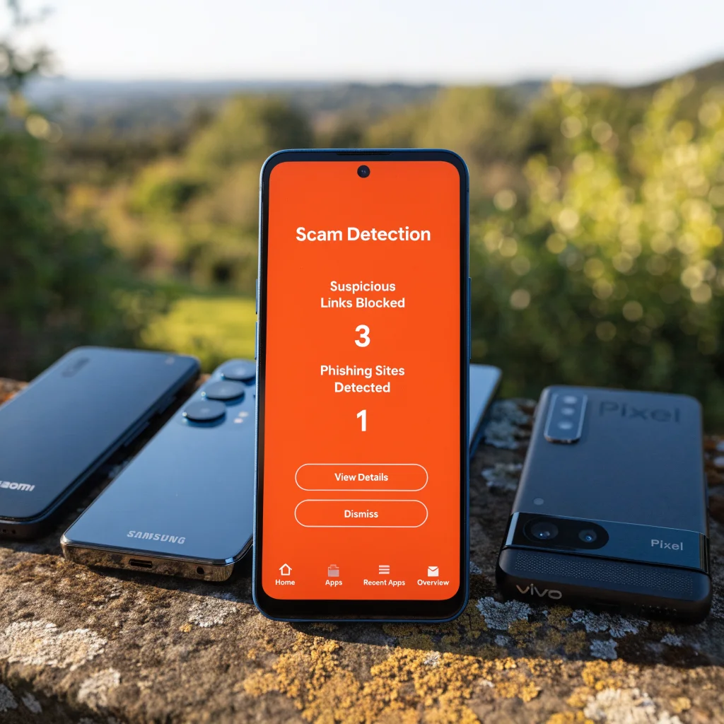 A close-up photo of a Google Android phone screen displaying scam detection alerts, surrounded by various Android smartphone brands like Xiaomi, Samsung Galaxy S26, Vivo, and Pixel.