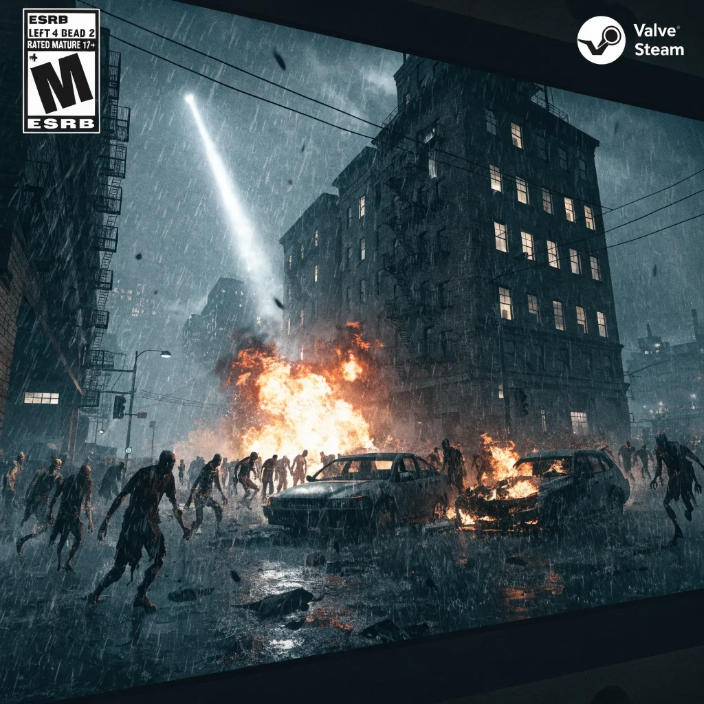 A computer screen displaying the leaked Left 4 Dead 2 trailer with ESRB rating and Valve Steam interface in the background.