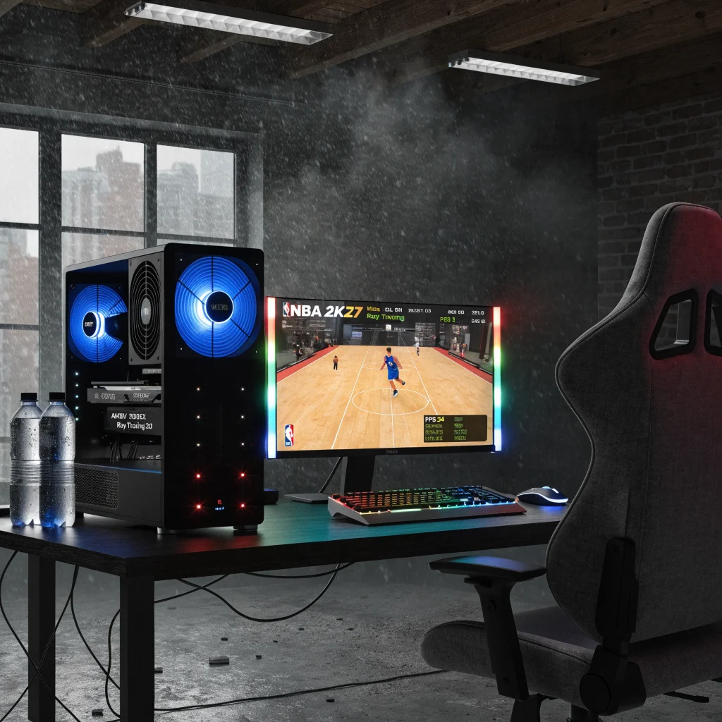 A high-end gaming PC featuring RTX 5080 and AMD Ryzen 7 9800X3D running NBA 2K27 on Ultra settings with DLSS 5 and ray tracing, showing frame rate drop issues.