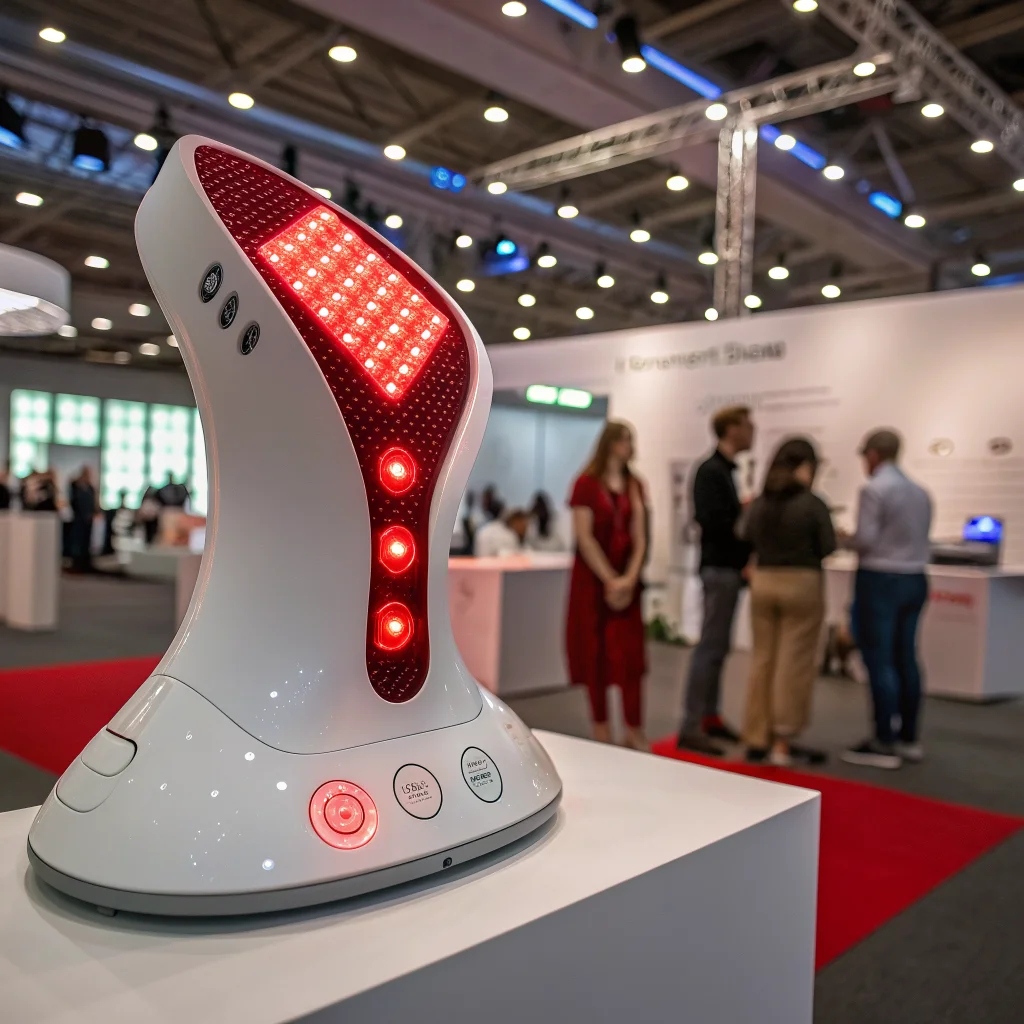 A realistic photo of the Nanoleaf 4-in-1 massage device with red light therapy for neck wellness, showcased at IFA 2026 Berlin.