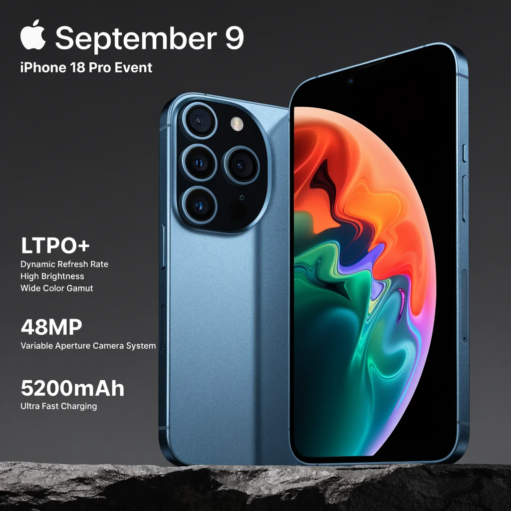 A realistic photo of the new iPhone 18 Pro with a foldable design, LTPO+ screen, 48MP variable aperture camera, and 5200mAh battery during its September 9 presentation.