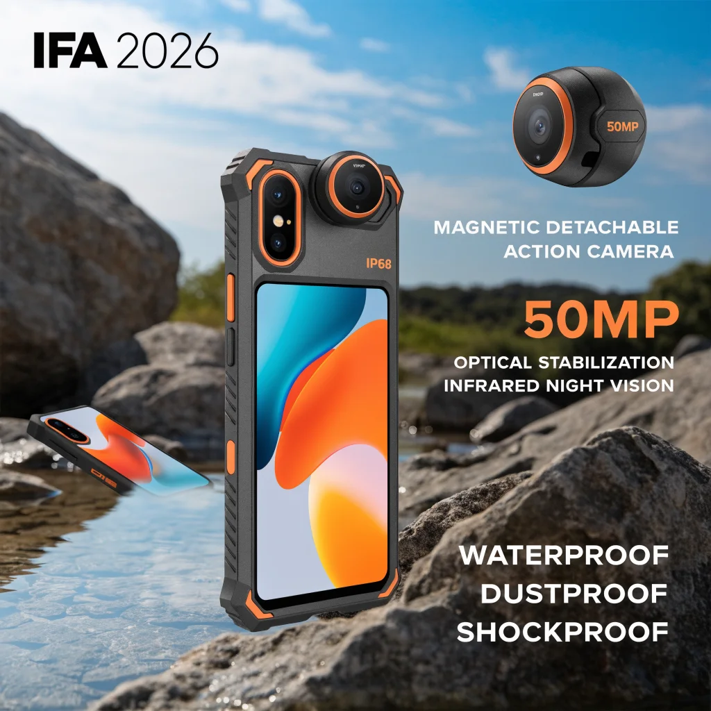 A rugged smartphone with an IP68 rating and a magnetic removable 50MP action camera featuring optical stabilization and infrared night vision, showcased at IFA 2026.