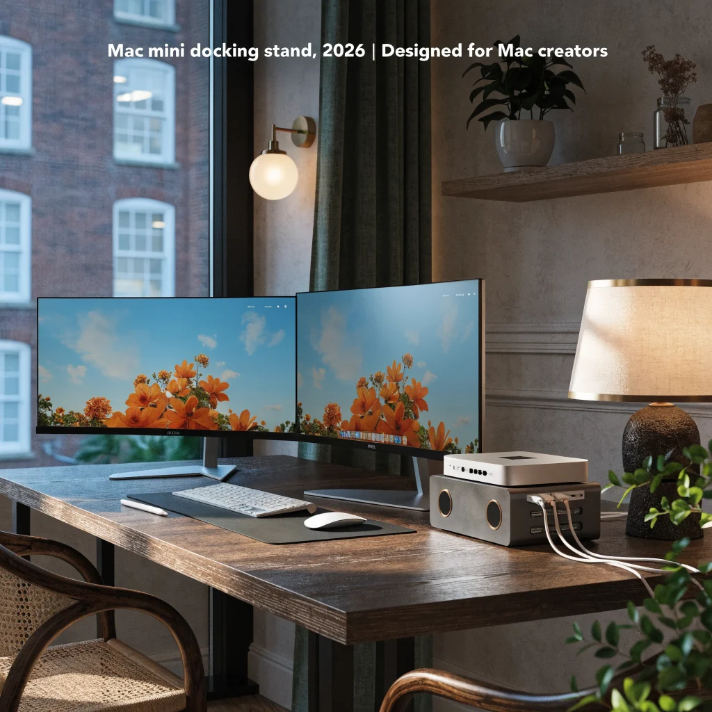 A sleek modern workspace featuring Alogic 5K ultrawide touchscreen displays and a Mac mini docking stand designed for Mac creators in 2026.