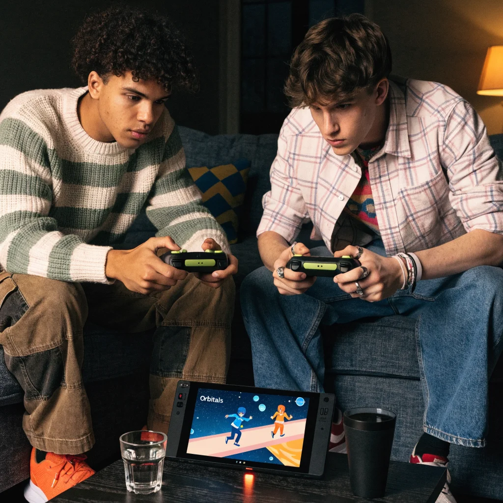 A realistic photo of two gamers playing the anime-style cooperative platformer game Orbitals on a Nintendo Switch 2 together.