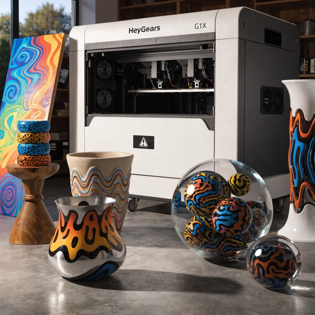 A professional printing studio showcasing 3D and 2D UV printing on wood, metal, glass, ceramics, and acrylic using a HeyGears G1X printer.