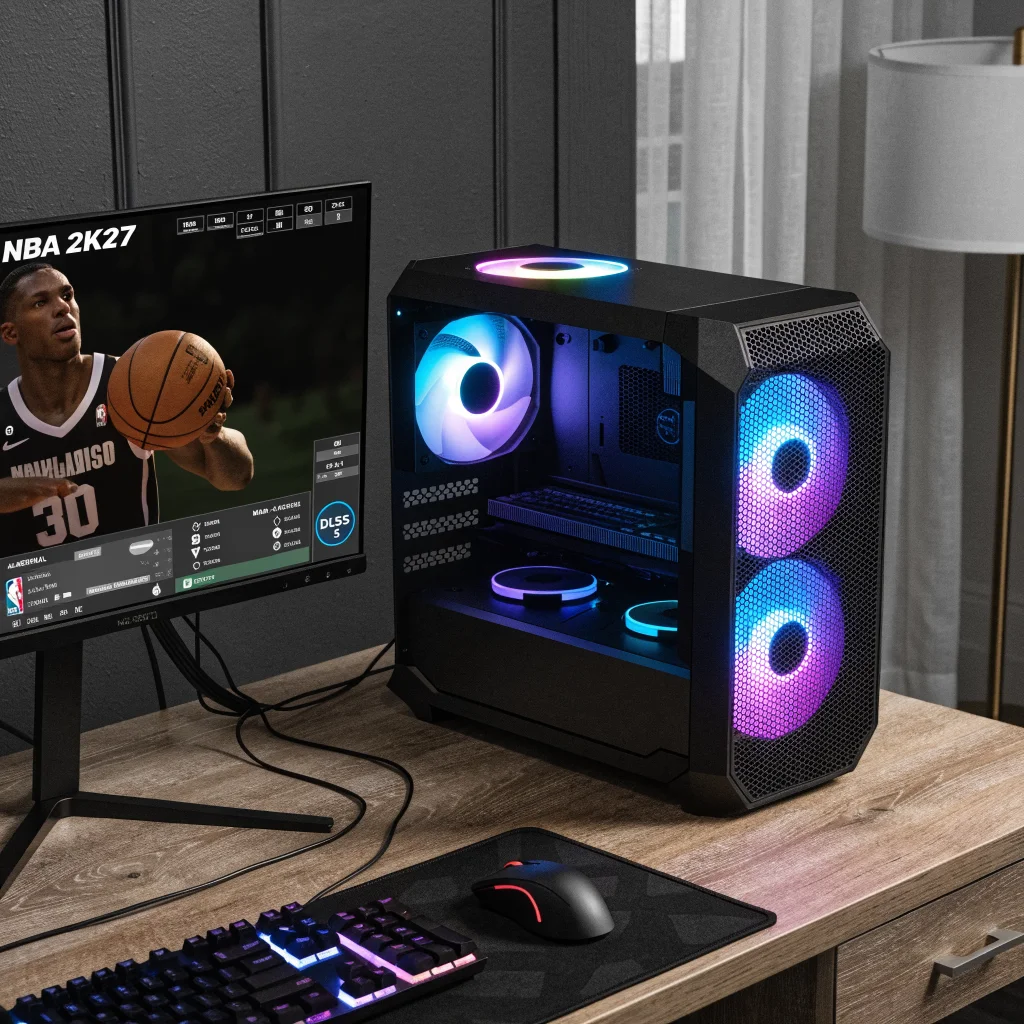 A realistic photo of a high-end gaming PC running NBA 2K27 with Nvidia DLSS 5 showcasing enhanced graphics performance and AI neural rendering settings.