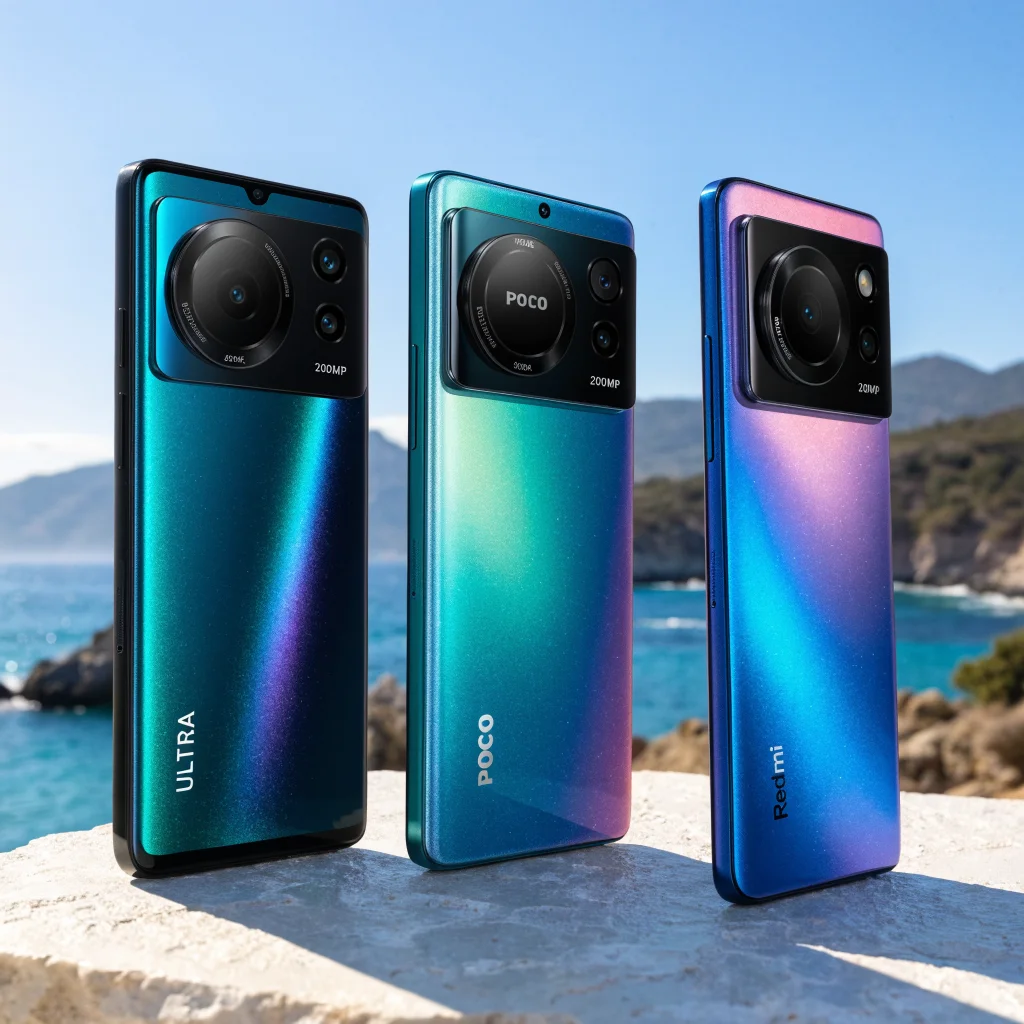 A realistic photo of the POCO F9 Ultra, POCO F9 Pro, and Redmi K100 Pro smartphones showcasing their 6.9-inch OLED screens, 200MP camera, and sleek design.