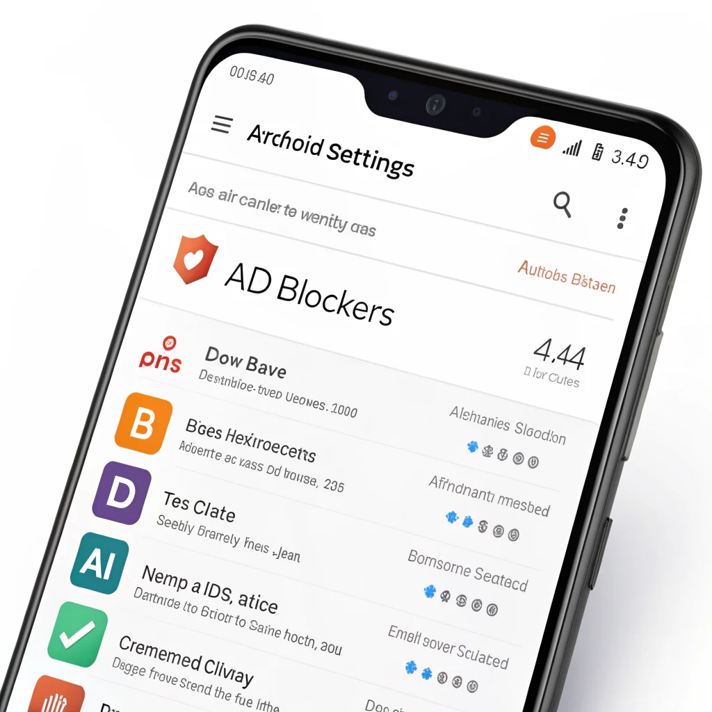 A smartphone screen displays Android settings with DNS configuration and ad blocker apps like Brave and NextDNS active, enhancing ad blocking and privacy.