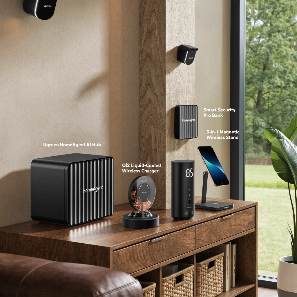 A modern smart home setup featuring Ugreen HomeAgent AI hubs, a liquid-cooled Qi2 wireless charger, MagFlow Pro Power Bank, 3-in-1 magnetic wireless stand, and smart security cameras.
