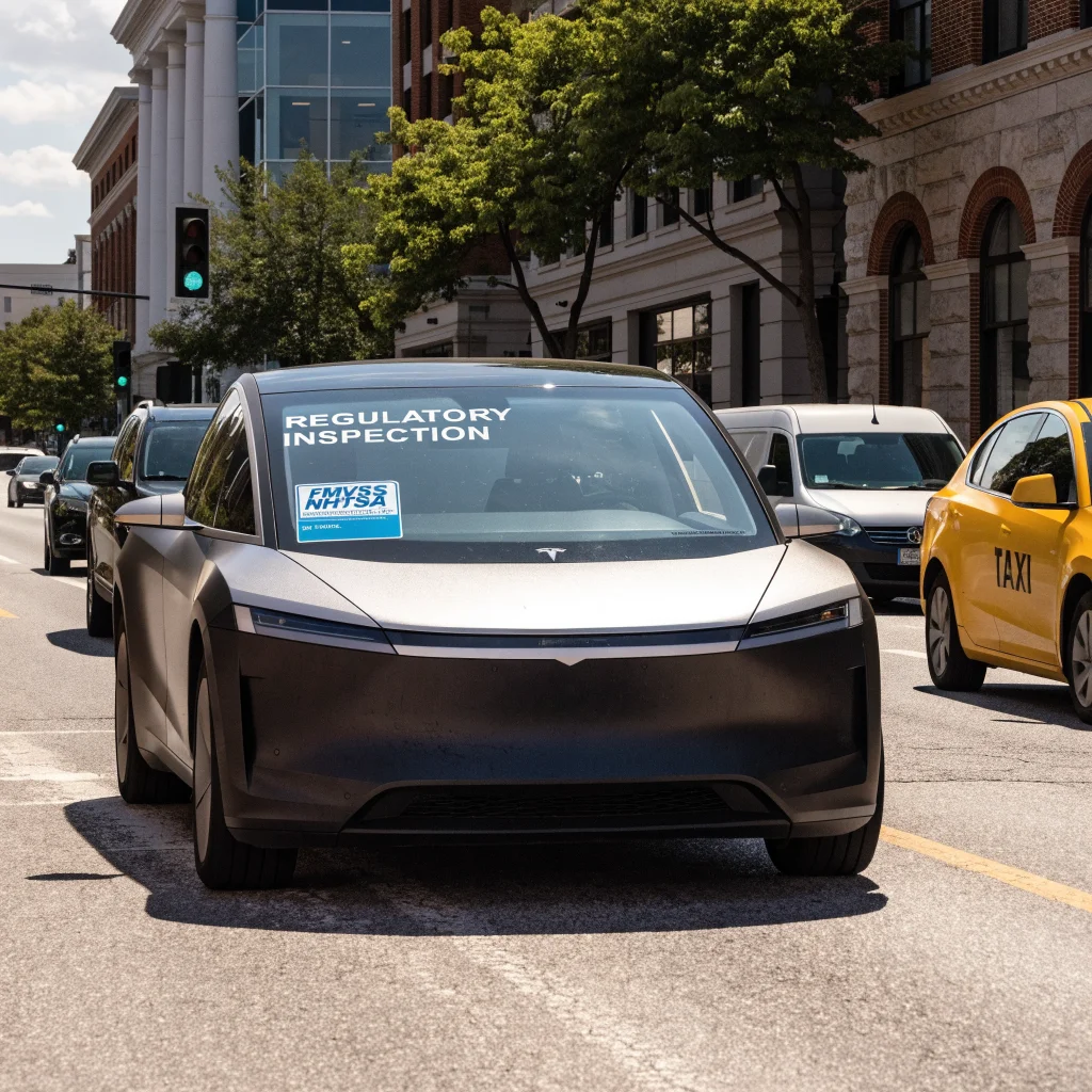 A Tesla Cybercab autonomous vehicle operating in Austin traffic undergoing regulatory inspection and testing for FMVSS certification by NHTSA.