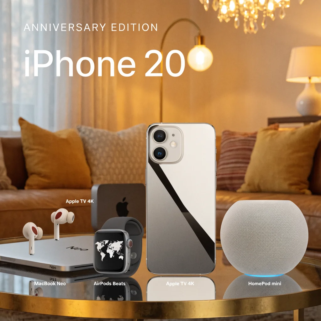 A sleek anniversary edition iPhone 20 with a glass design displayed alongside Apple Watch Series 11, MacBook Neo, AirPods Beats, Apple TV 4K, and HomePod mini in a modern setting.