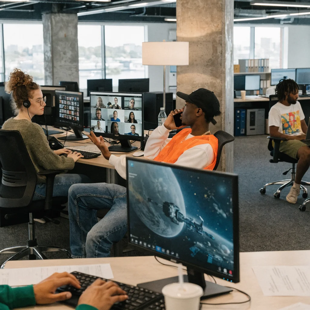 Photo of the Bungie Bellevue studio team collaborating digitally on Destiny 2’s Season 3 Marathon, reflecting staff cuts and a digital-first work model.