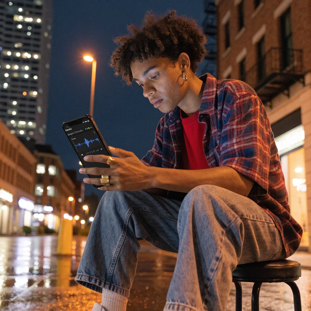 A realistic photo of a person using the Gemini app on a smartphone to create music with Lyria 3.5 and Google AI Studio.