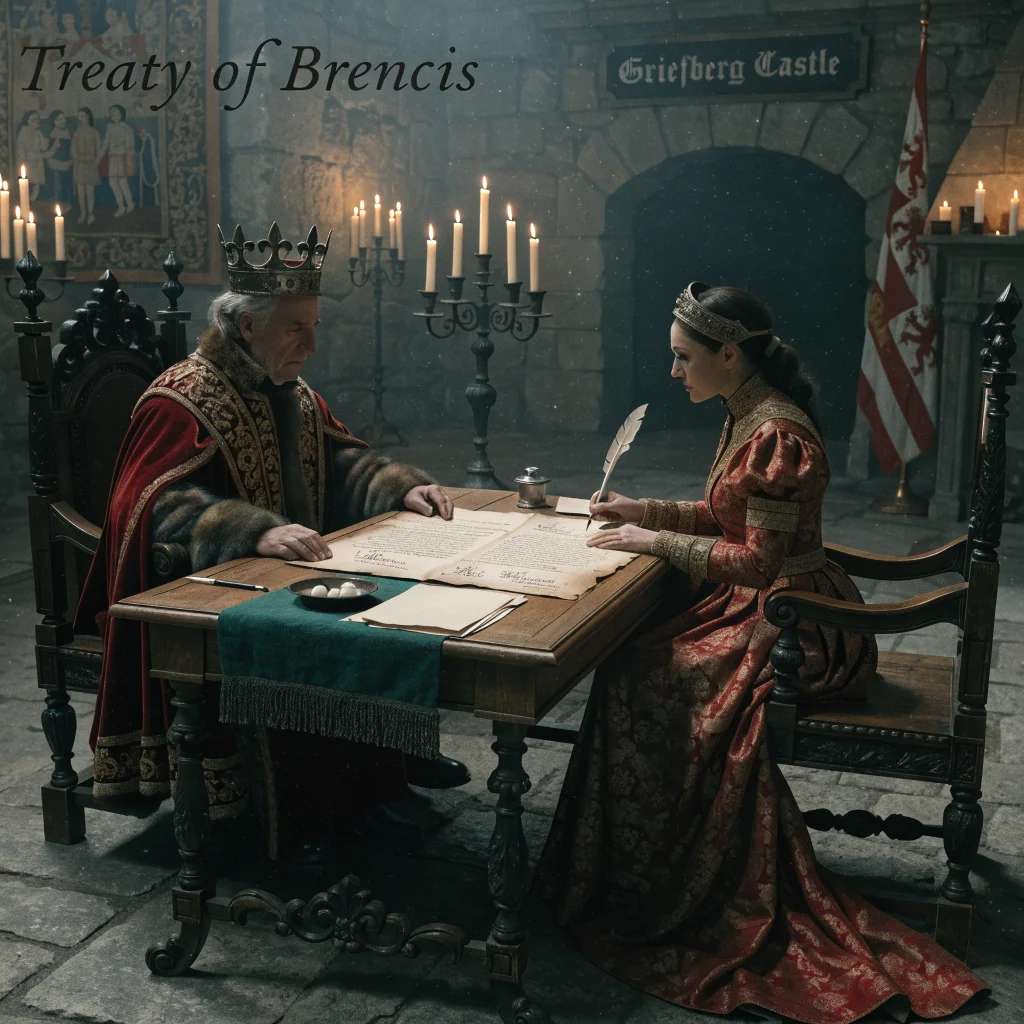 A medieval treaty signing at Griefberg Castle marking the Brencis agreement and Vale Sangora's independence in a dimly lit stone hall.