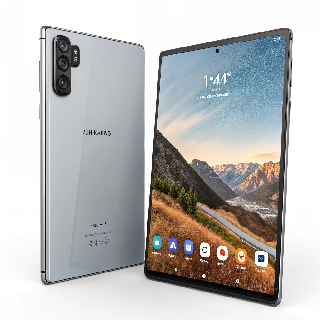 A realistic photo showing a Samsung Galaxy S24 Ultra and Galaxy Tab S11 Ultra side by side, displaying One UI 9 with Quick Settings and Audio Eraser features.