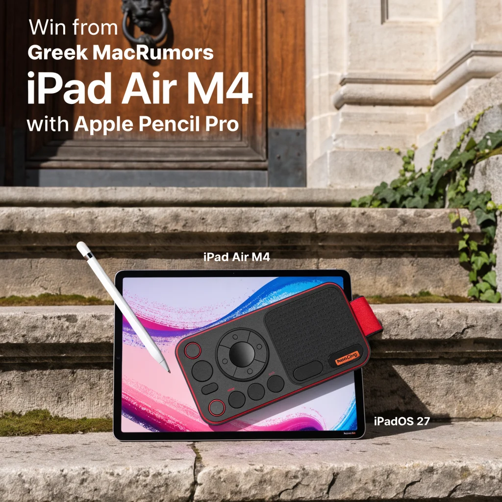 A realistic photo of an iPad Air M4 with Apple Pencil Pro and Astropad Rock Paper Pencil 4.0 running iPadOS 27, showcasing NanoCling technology in a Greek MacRumors giveaway.