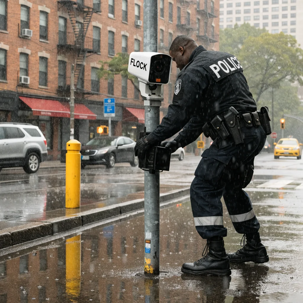 A realistic photo of a Florida police officer disabling a Flock license plate reader camera on a city street, highlighting privacy and surveillance concerns in 2026.