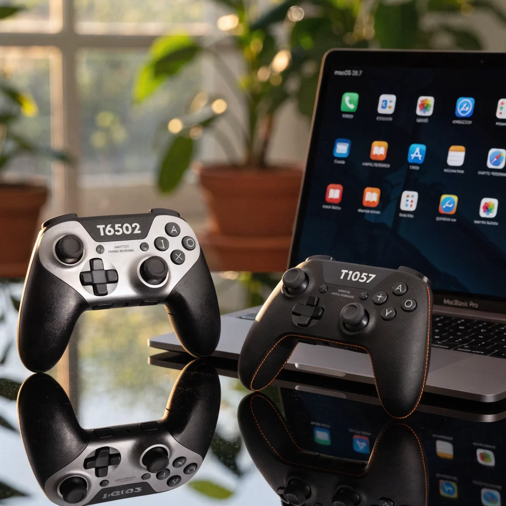 A close-up photo of Apple's latest T6502 and T1057 game controllers with USB Bluetooth, haptic feedback, and gyroscope features next to a MacBook Pro running macOS 26.7.