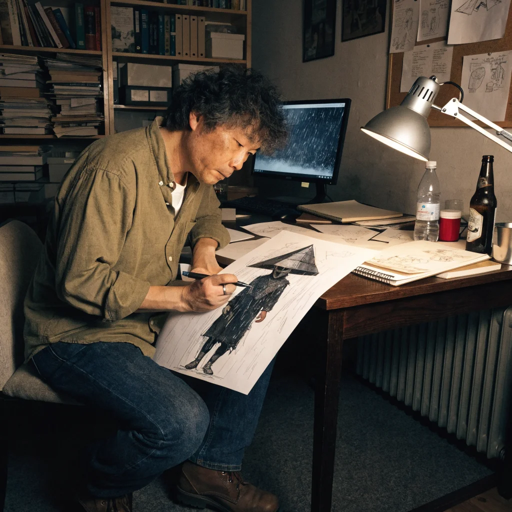 A realistic photo of Masahiro Ito sketching the iconic Pyramid Head character design for Silent Hill 2 in a dimly lit studio.
