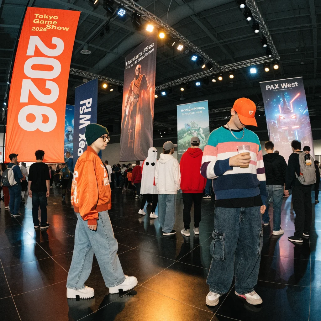 A vibrant gaming convention hall showcasing banners of popular 2026 game releases and major events like Tokyo Game Show and PAX West.