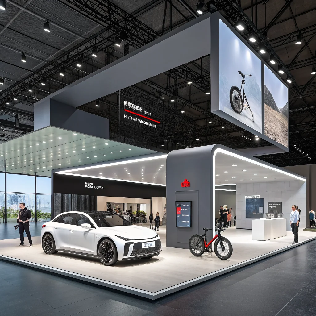 A modern exhibition booth at IFA 2026 showcasing Xiaomi Vision GT electric car, Huawei Watch D3, eBikes, and smart urban mobility innovations.