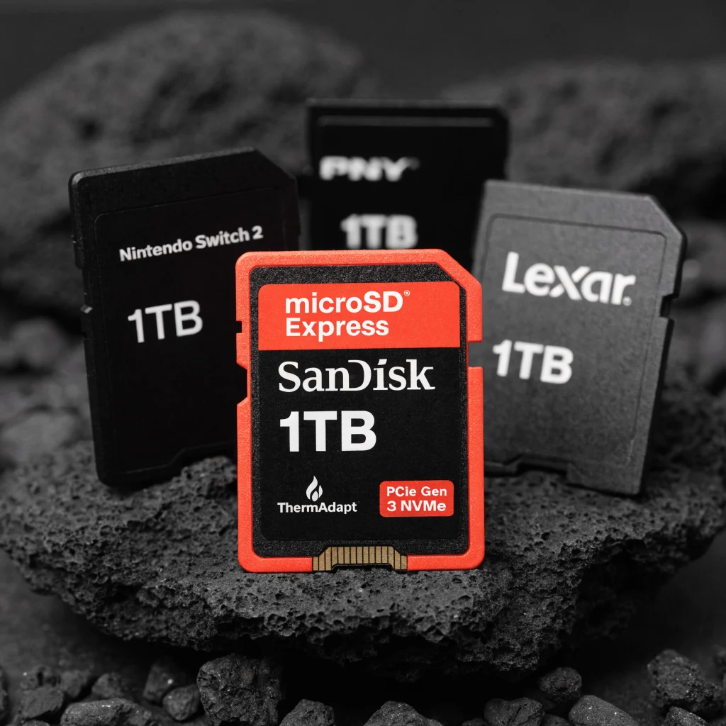 A close-up photo of a SanDisk 1TB microSD Express card with Nintendo Switch 2 and Lexar, PNY 1TB microSD cards displayed alongside, highlighting high-speed PCIe Gen 3 NVMe interface and ThermAdapt technology.
