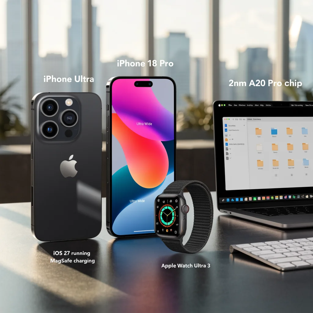 A sleek iPhone Ultra and iPhone 18 Pro with 2nm A20 Pro chip, Ultra Wide lenses, iOS 27 running, MagSafe charging, alongside Apple Watch Ultra 3 and MacBook Neo displayed on a modern desk.