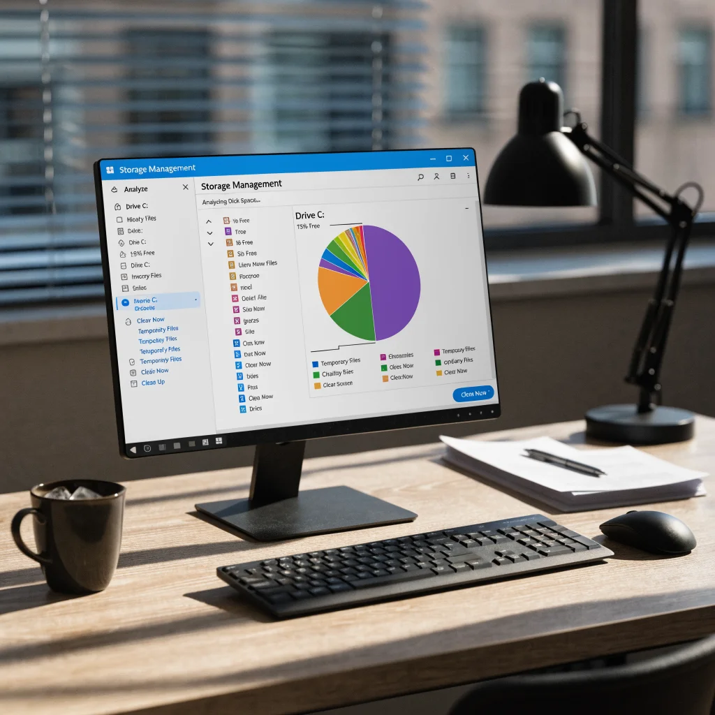 A realistic photo of a Windows computer screen showing the Storage Management interface with TreeSize Free analyzing disk space and temporary files being cleared.