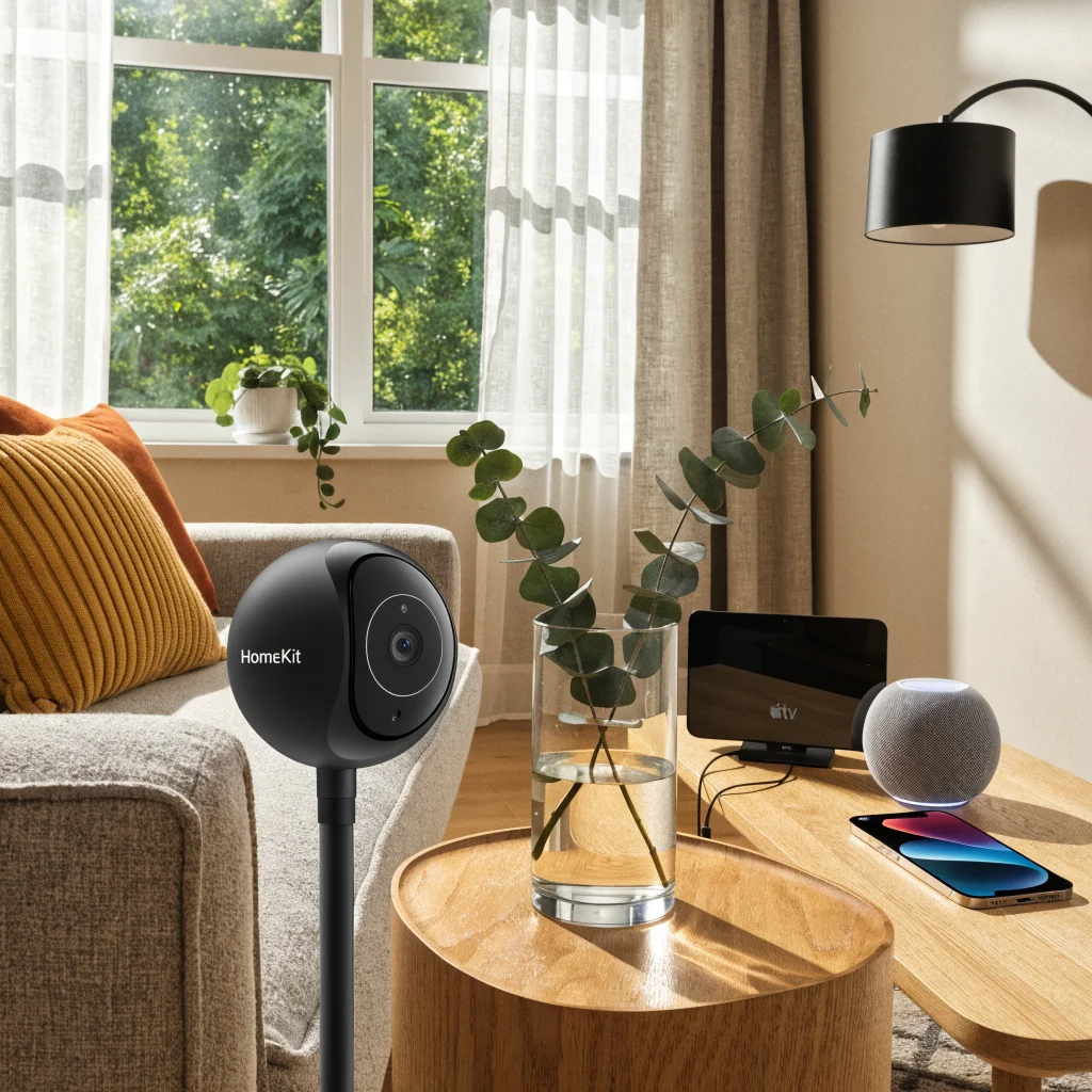 A realistic photo of Apple's upcoming AI-powered home security camera integrated with HomeKit, alongside an iPhone 17, Apple TV 4K, and HomePod mini in a modern living room.