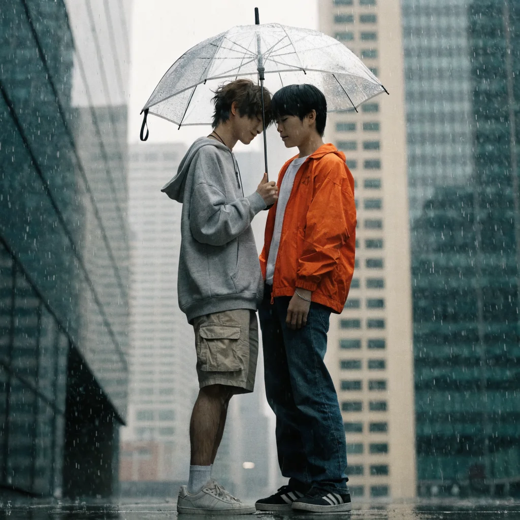 A realistic photo of two young men, Yosuke and Yu, sharing a tender moment in a modern cityscape, highlighting queer friendship and love from Persona 4.