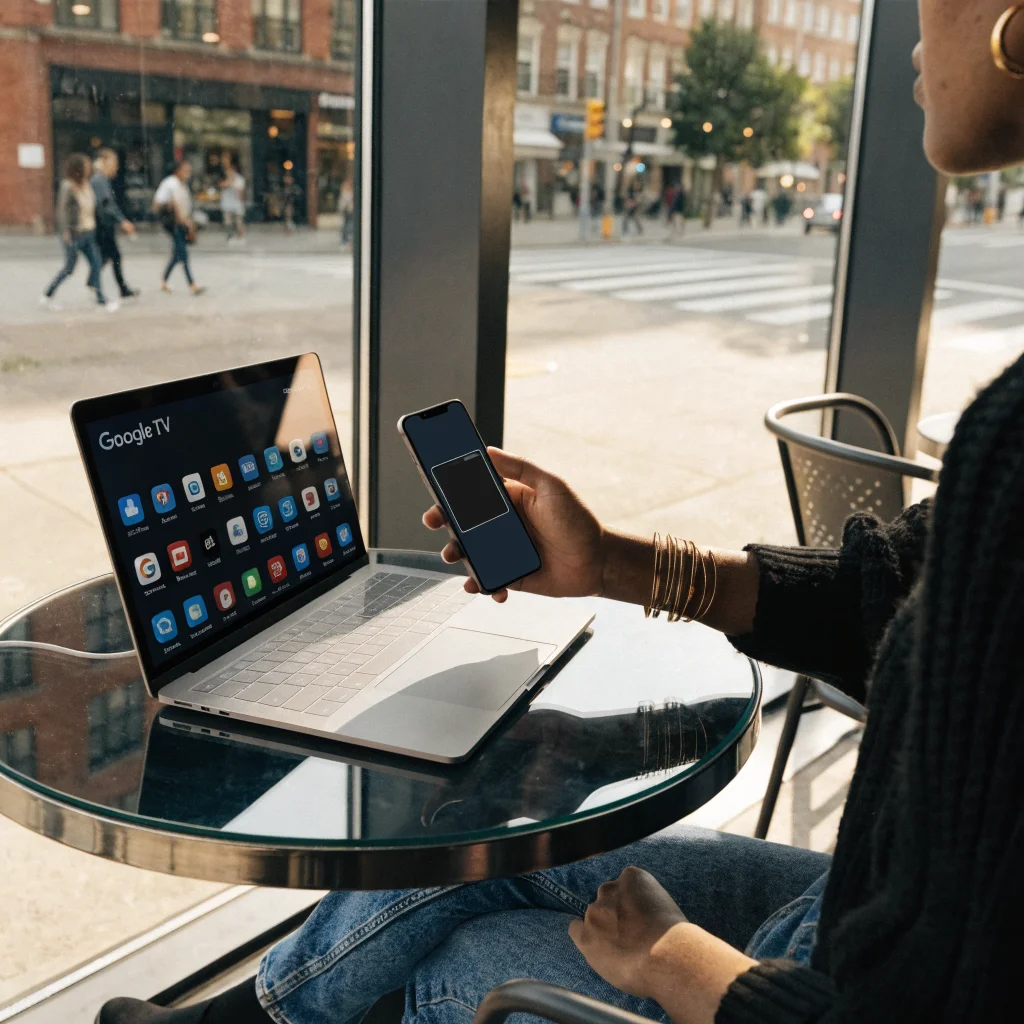 A person using a smartphone touchscreen as a trackpad to remotely control a Googlebook laptop with Google TV interface visible.
