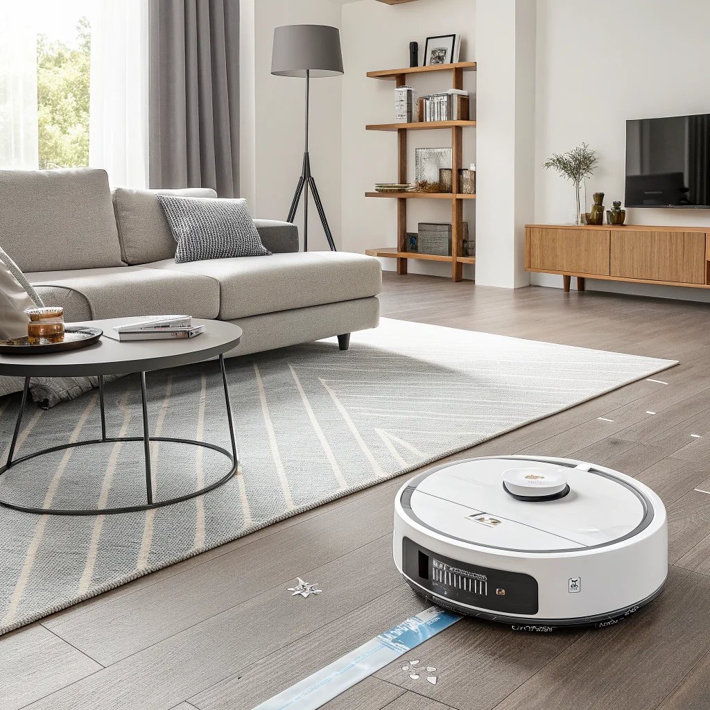 A realistic photo of the Ecovac Deebot X12S OmniCyclone robot vacuum showcasing dust mite removal, privacy camera cover, and smart home cleaning technology in a modern living room.