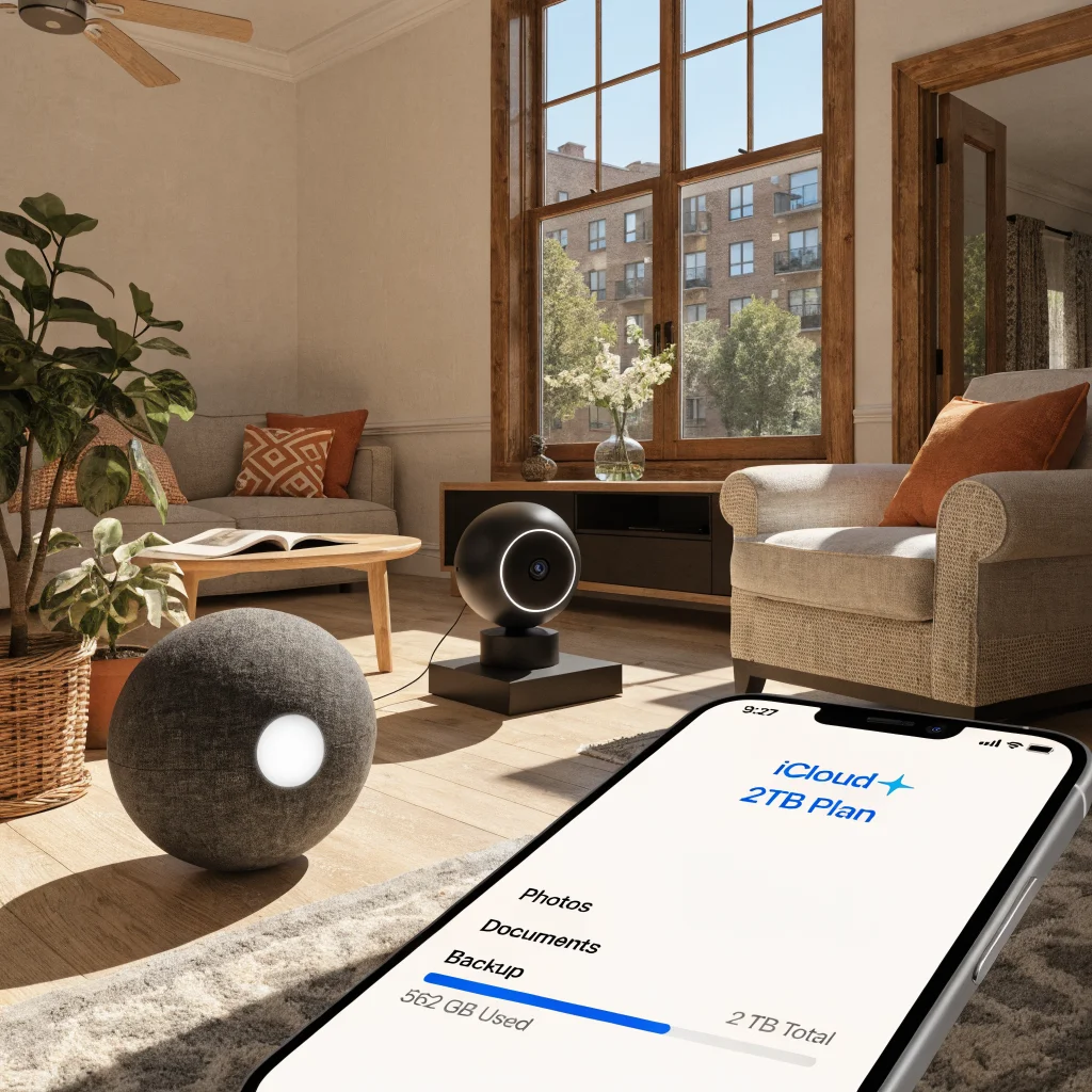 A modern living room with an Apple HomeKit Secure Video camera and AI-powered smart home hub displaying iCloud+ 2TB plan on an iPhone 18 Pro.