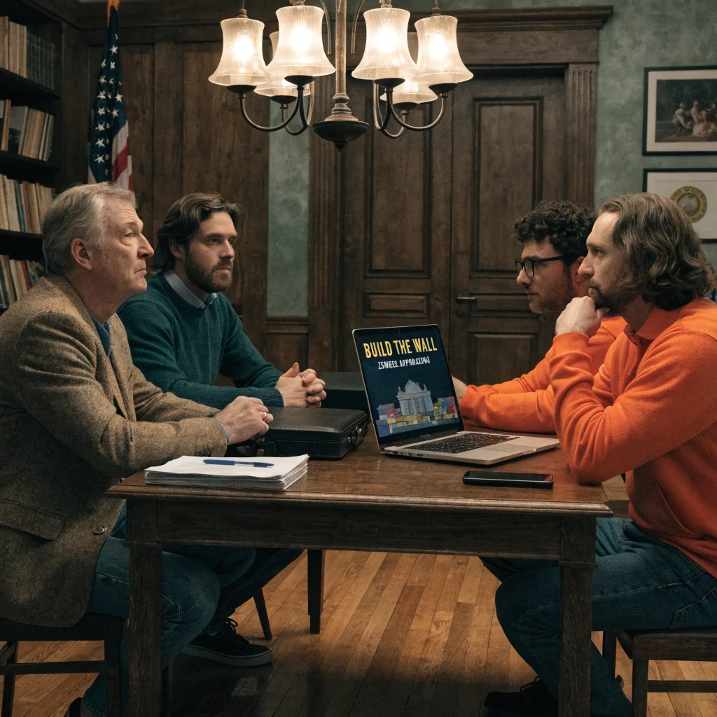 A realistic photo of a legal dispute between Tetris Company representatives and developers of a White House-themed brick-building zombie game titled Build the Wall.