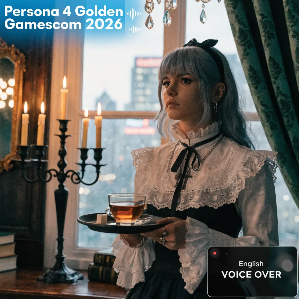 A realistic photo of Marie from Persona 4 Golden standing in the Velvet Room with updated English voiceover captures at Gamescom 2026 event.