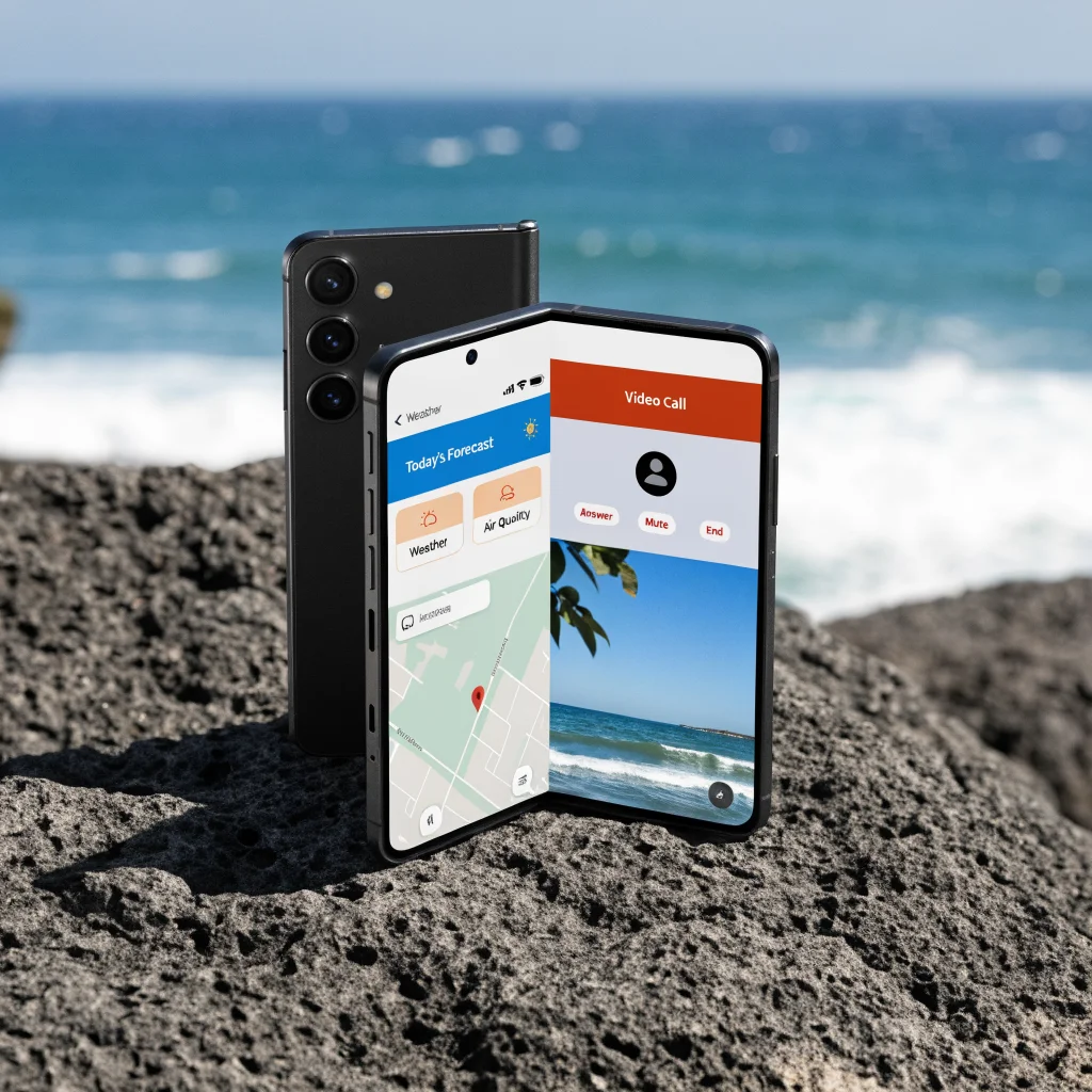 A Samsung Galaxy Z Fold 8 smartphone unfolded showing its large 16:10 screen with split-screen multitasking and Flex Mode in use, highlighting its dual rear cameras.