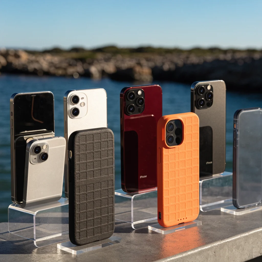 A realistic photo of various Apple iPhone models including folding iPhones, dark cherry red iPhone, and USB-C versions alongside compatible phone cases and dummy units.