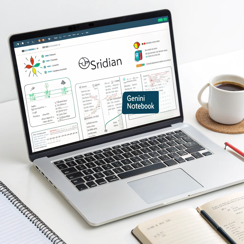 A realistic photo of a laptop displaying the Obsidian app with the Gemini Notebook plugin open, showing organized knowledge notes and PDF analysis.
