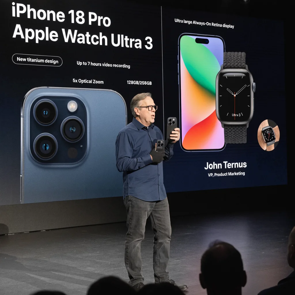 John Ternus presenting the iPhone 18 Pro and Apple Watch Ultra 3 at an Apple product launch event.