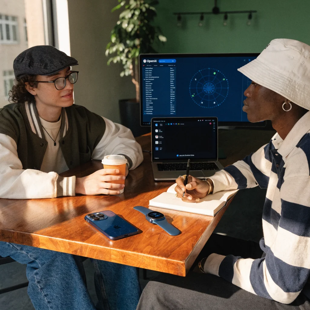A realistic photo of Apple and OpenAI logos with iPhone 18 Pro, macOS Golden Gate, Apple Watch Ultra 3, and two businesspeople discussing confidential information.
