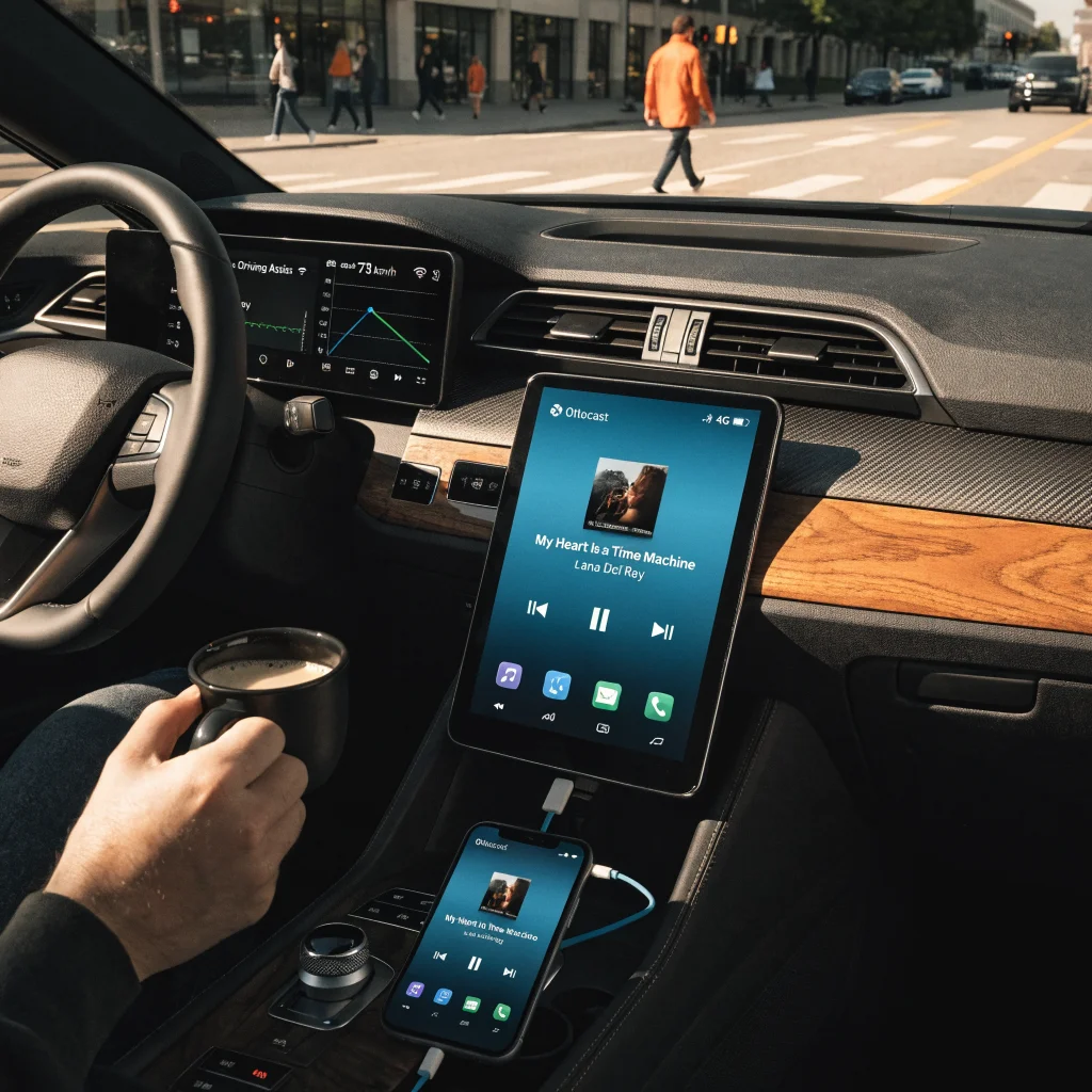 A realistic photo of a modern car dashboard featuring Ottocast wireless CarPlay seamlessly connecting an iPhone via USB and infotainment system in 2026 technology.