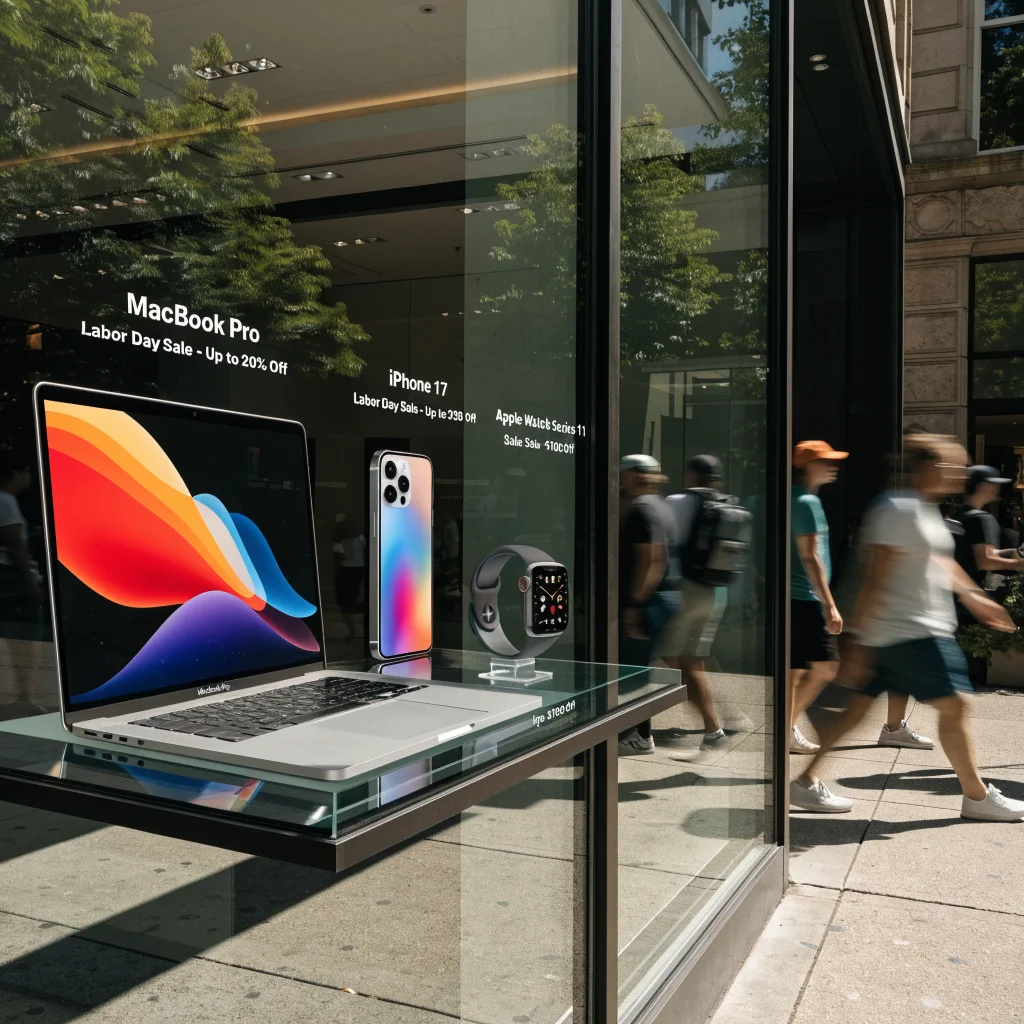 A realistic photo of an Apple store display showcasing discounted MacBook Pro, iPhone 17, Apple Watch Series 11, and other Apple products for Labor Day sales.